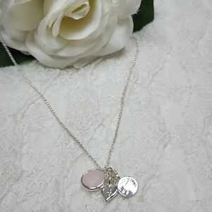 Chic Silver Necklace With A Silver Toned Heart, Friendship Charm & Pink Gem
